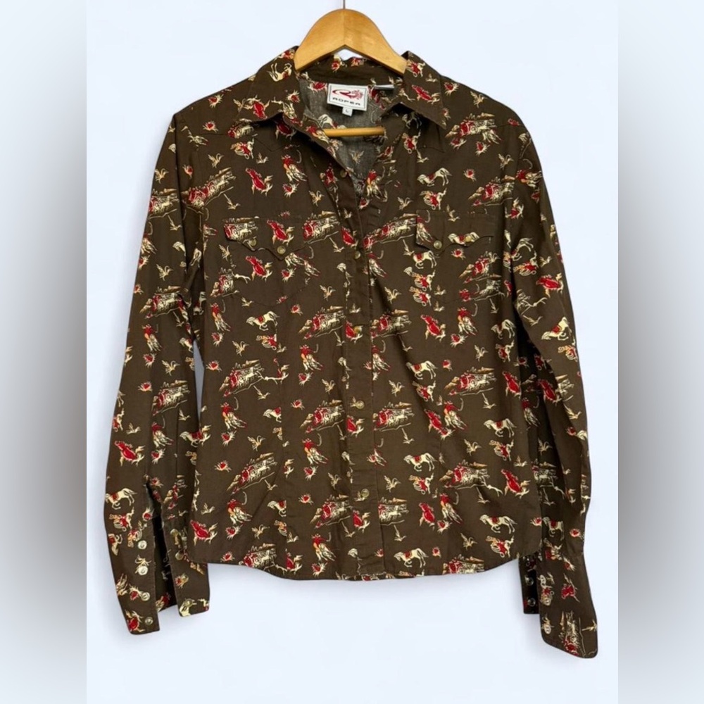 Roper Women's Western Snap Button Up Shirt Horse Equestrian Print Brown Size 4